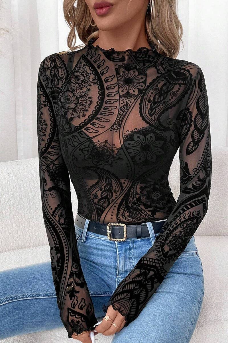 CWTBLL3927_FLOCKED PRINTED MESH RUFFLED LONG SLEEVE TOP