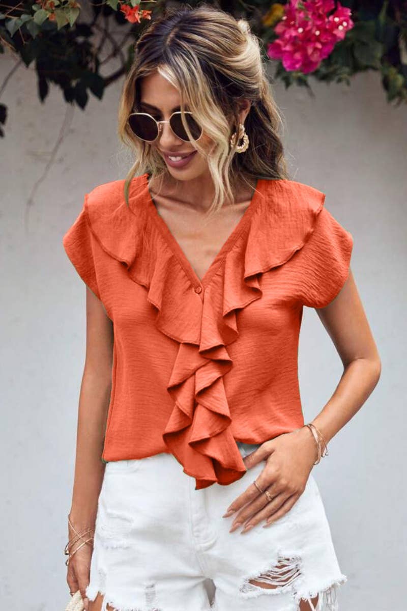 CWTBLS0665_WOMEN'S SHORT-SLEEVED V-NECK RUFFLED TOP