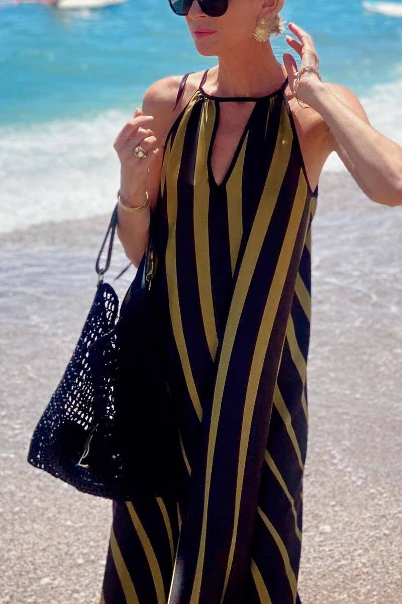 CWDMD6485_STRIPED V-NECK TIE WAIST BEACH MAXI DRESS