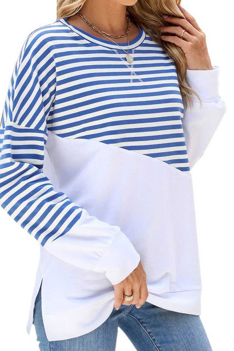CWTBLL2368_ROUND NECK SLIT CONTRAST STRIPE SWEATSHIRT