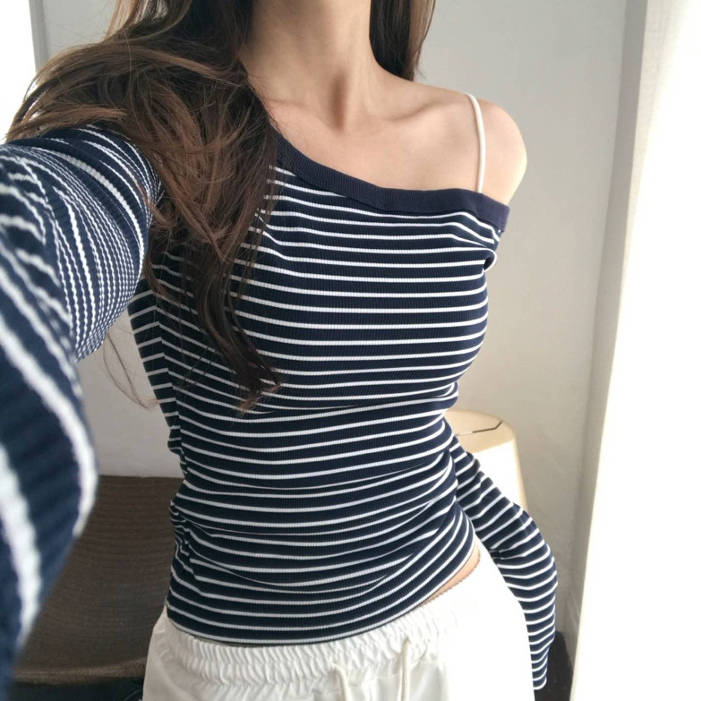 Color-blocking striped fitted long-sleeved Top