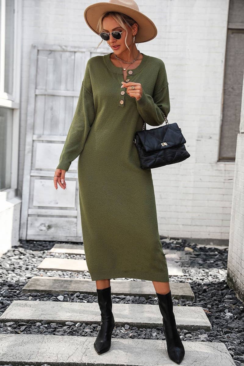 CWDMD538  Long Sleeve Loose V-Neck Button Tops Long Sweater