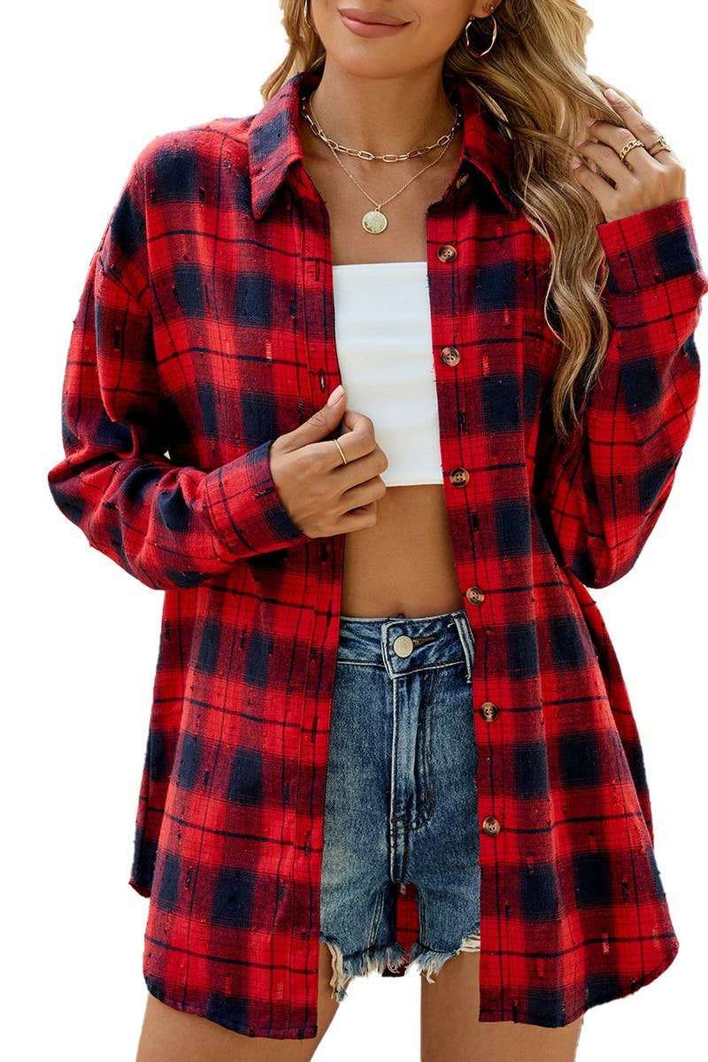 CWTSTL2063_CROCHET LONG-SLEEVED LOOSE LAPEL PLAID SHIRT