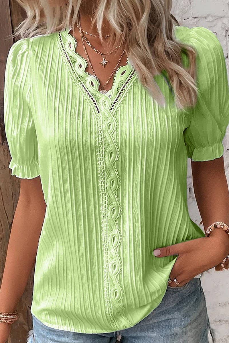 CWTBLS1468_SOLID COLOR V-NECK HOLLOW SHORT-SLEEVED SHIRT