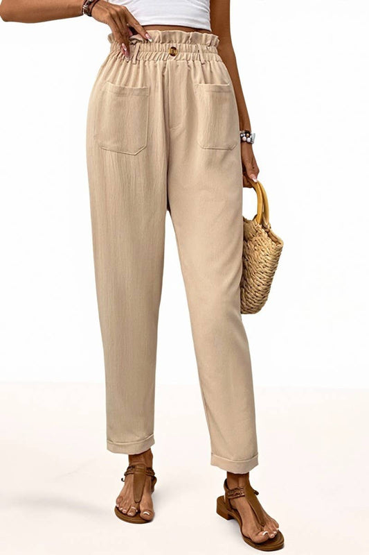 CWBLP00936_BEIGE ELASTIC WAIST POCKET STRAIGHT LEG PANTS