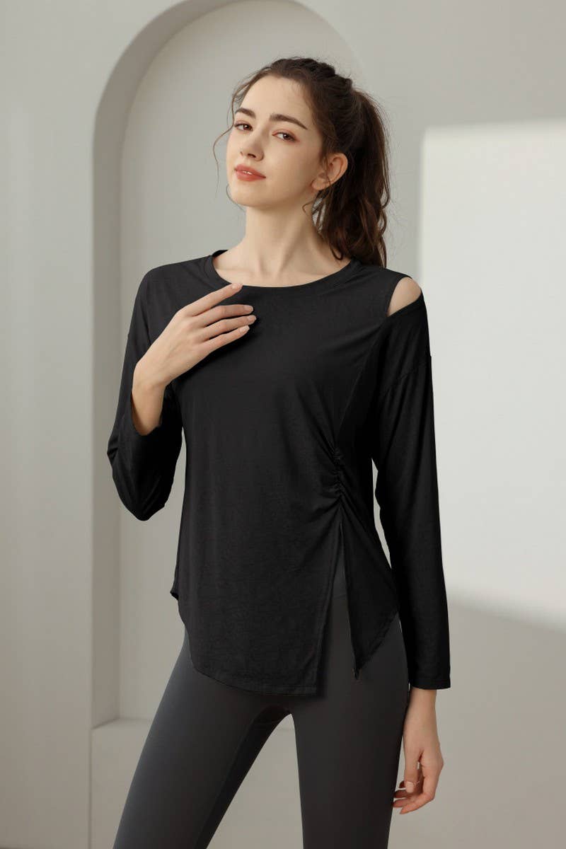 CWTBLL1592_JADE JACQUARD SLIT LOOSE SPORTS YOGA TOP