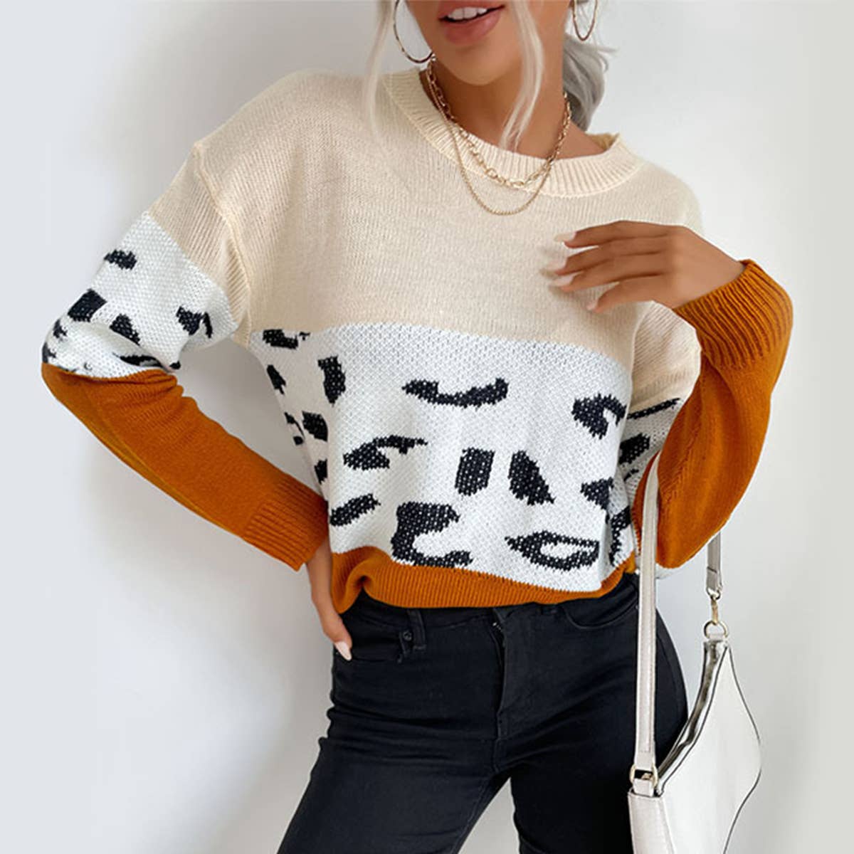 CASUAL COLOR MATCHING LONG-SLEEVED BASE SWEATER