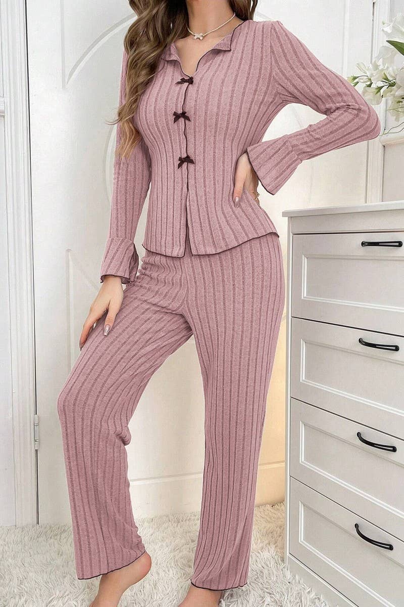 CWSPJ00491_BOW TIE COLLAR LONG SLEEVE TOP AND PANTS SET