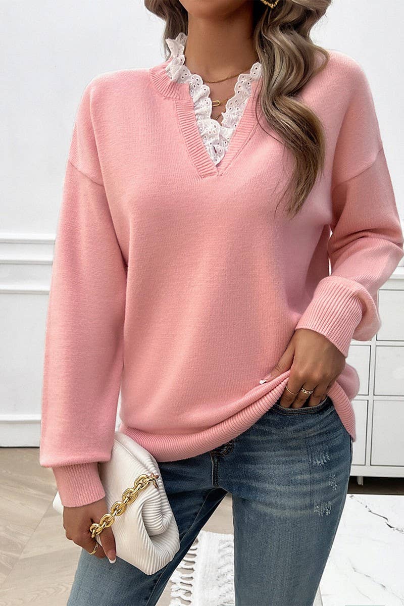 CWOSWL6818_TEMPERAMENT LOOSE LACE V-NECK SWEATER