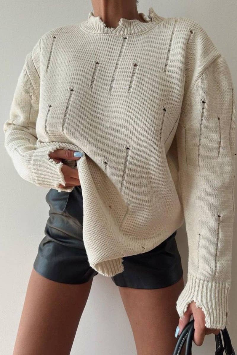 CWOSWL6525_WINTER RIPPED LONG-SLEEVED CREW-NECK SWEATER
