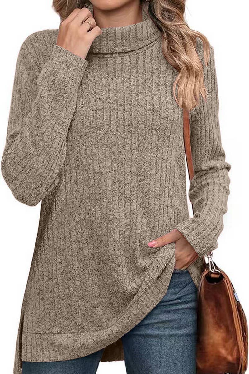 CWTBLL3684_AUTUMN AND WINTER SOLID COLOR HIGH COLLAR LOOSE T