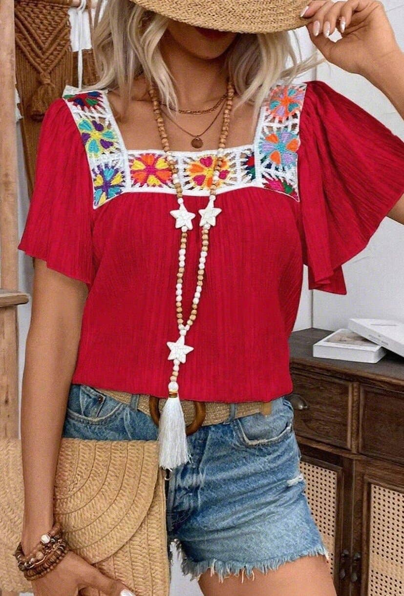 CWTBLS2267_CROCHET EYELET SQUARE NECK LACE TRIM SHIRT