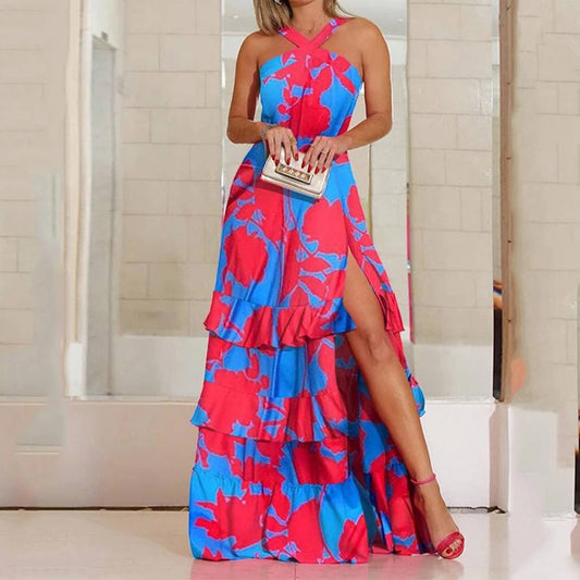 A bohemi printed V-neck sleeveless halter dress