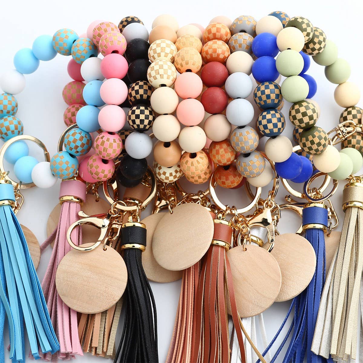 Checkerboard Wood Bead Bracelet Silicone Keychain_CWMM6877