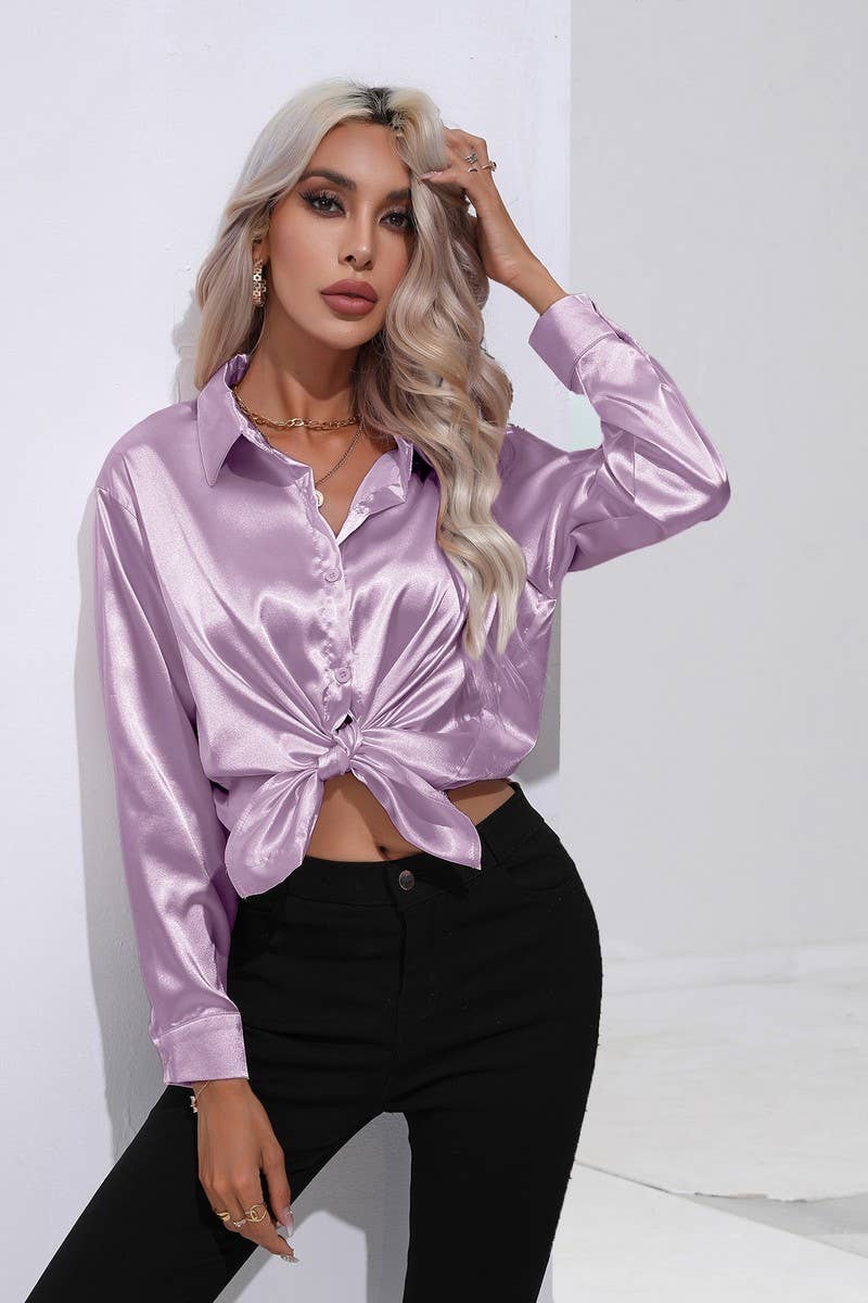 CWTBLL0690_Button Down Silky Satin Long Sleeve Top