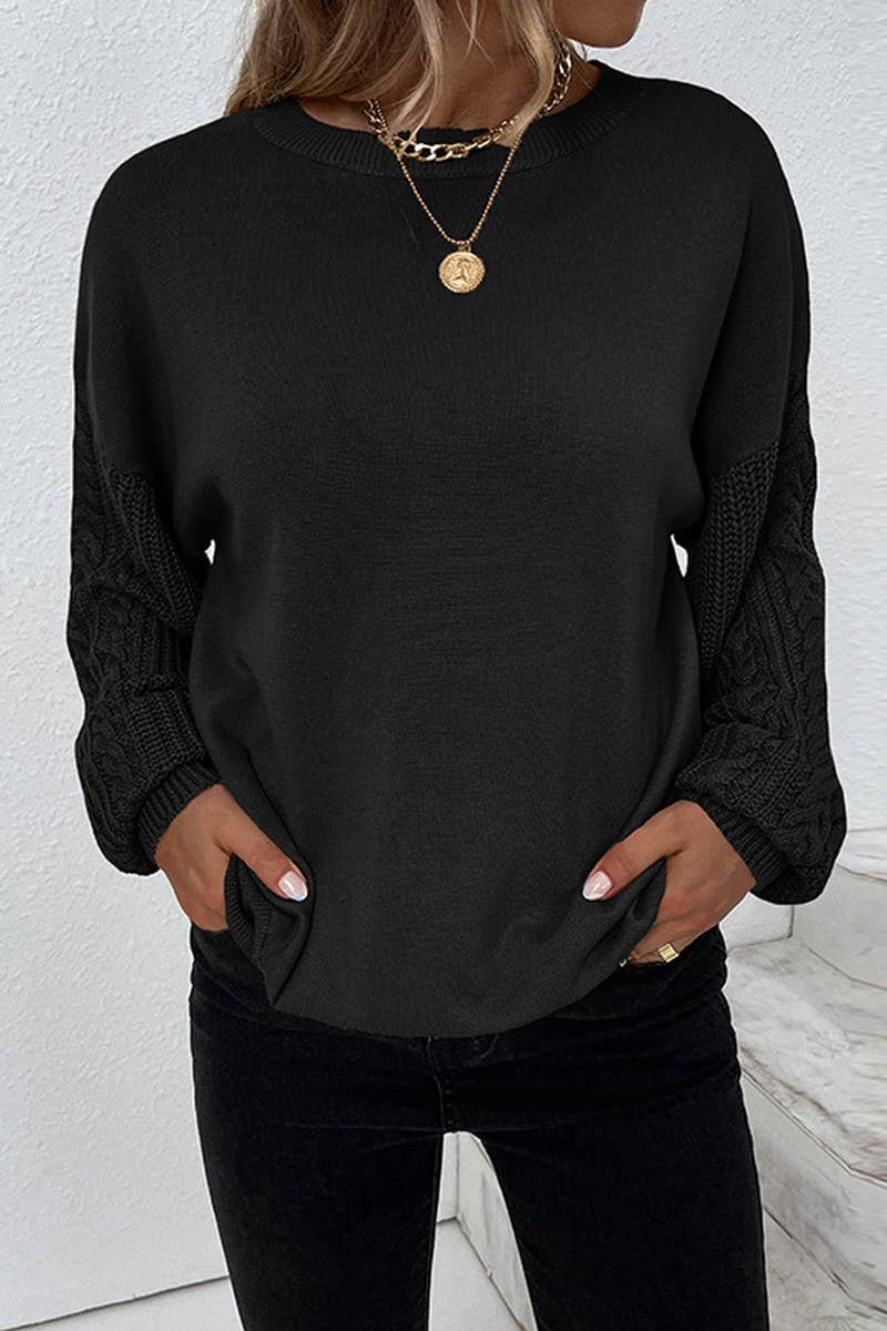 CWOSWL2945_SOLID COLOR CREW NECK CABLE KNIT SWEATER