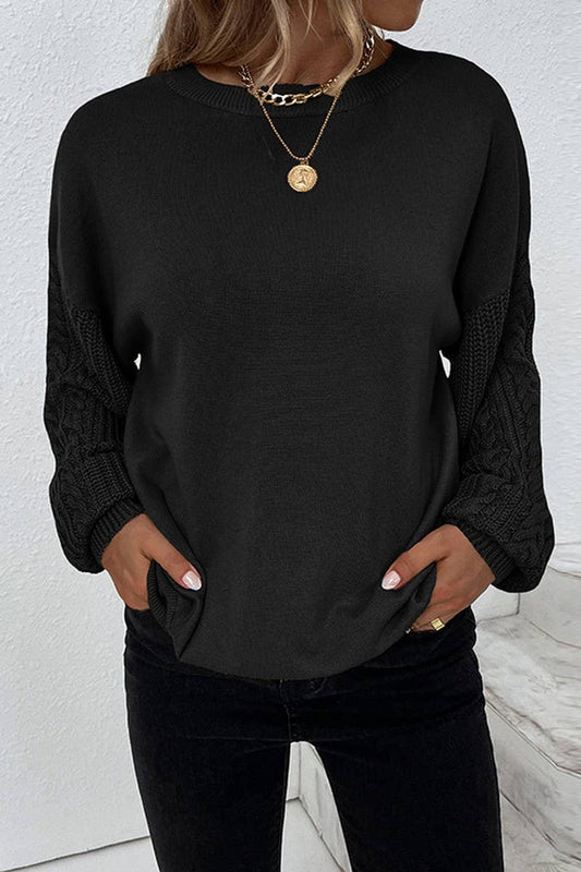 CWOSWL2945_SOLID COLOR CREW NECK CABLE KNIT SWEATER