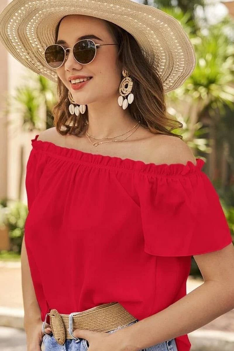 CWTBLS1493_SOLID COLOR OFF-SHOULDER RUFFLE SHIRT TOP