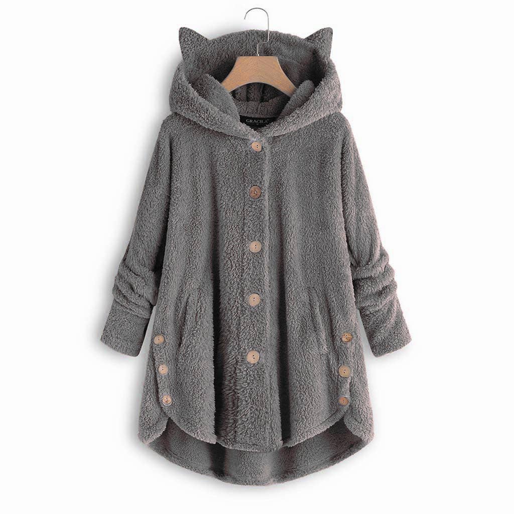 BUTTON-UP HOODED CAT EARS PLUSH SOLID COAT