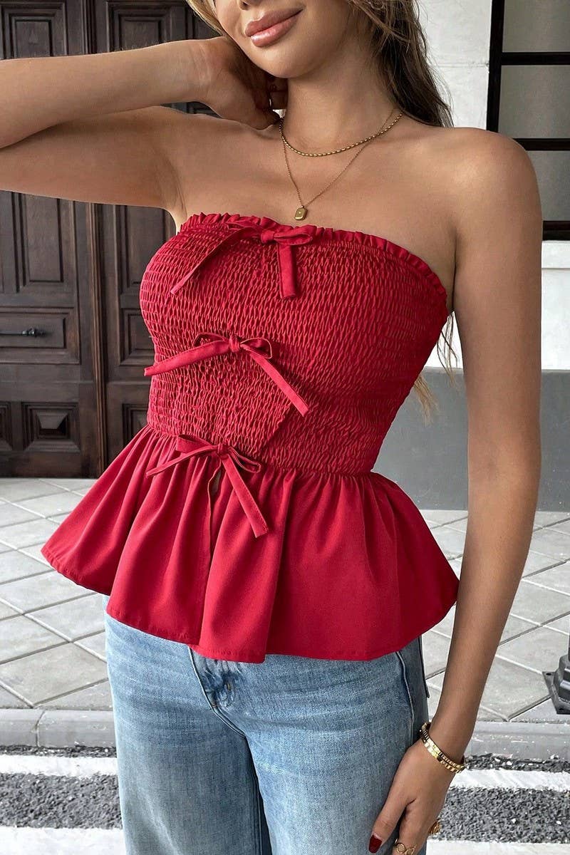 CWTTT0075_RUCHED BUSTIER RUFFLE BOW TIE CROP TOP