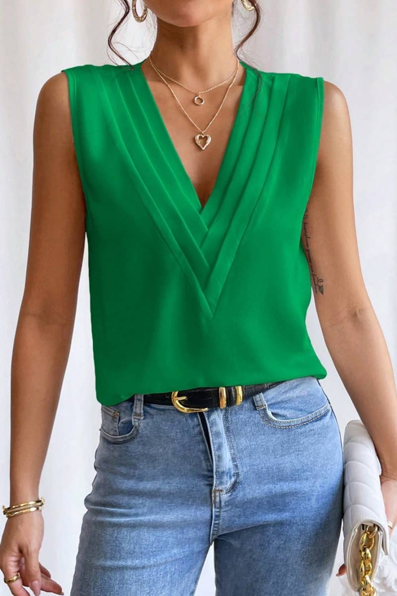 CWOV0332_SUMMER MULTI-LEVEL V-NECK SOLID COLOR TANK TOP