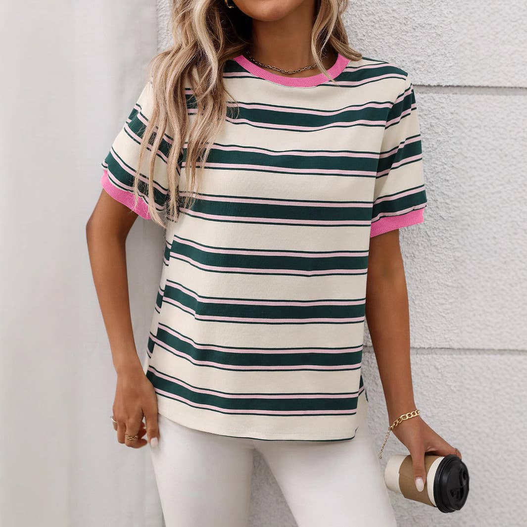 Crew-neck baggy top striped short-sleeved Top