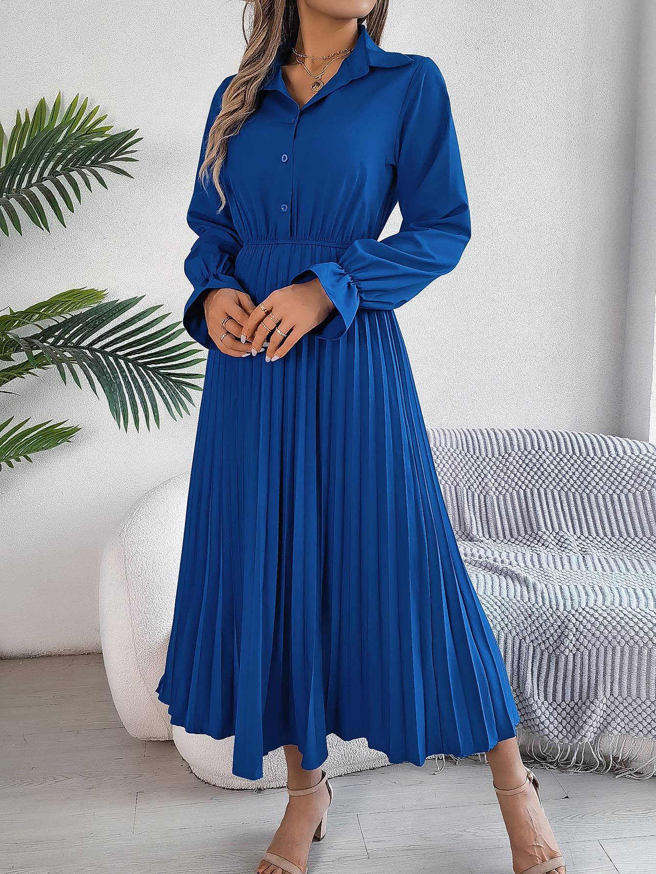 CASUAL LAPEL BUTTON WAIST PLEATED LONG DRESS
