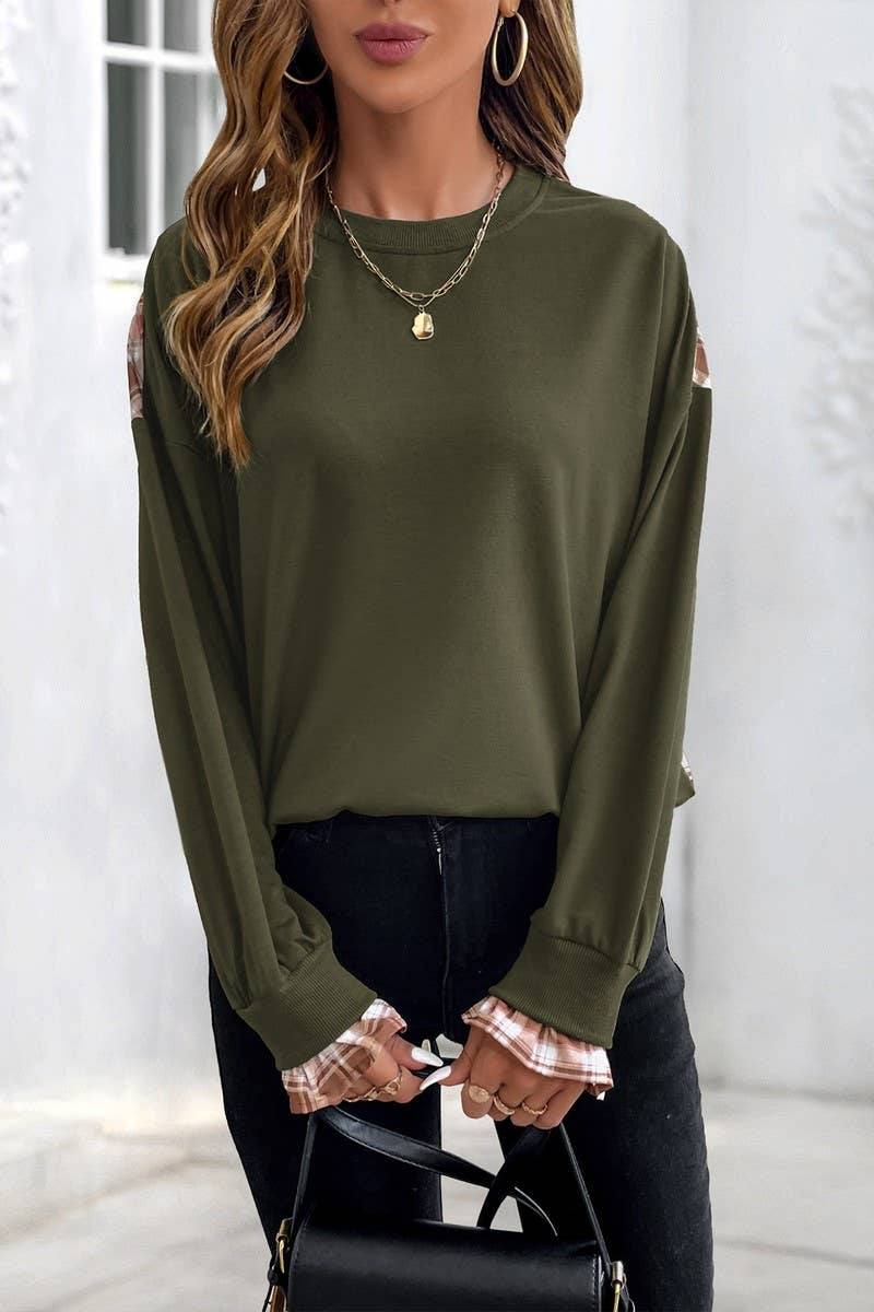 CWTBLL4053_PLAID PATCHWORK LIGHTWEIGHT CREWNECK SWEATSHIRT