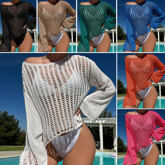 WOMEN'S ROUND NECK HOLLOW BIKINI SWIMSUIT COVER UP