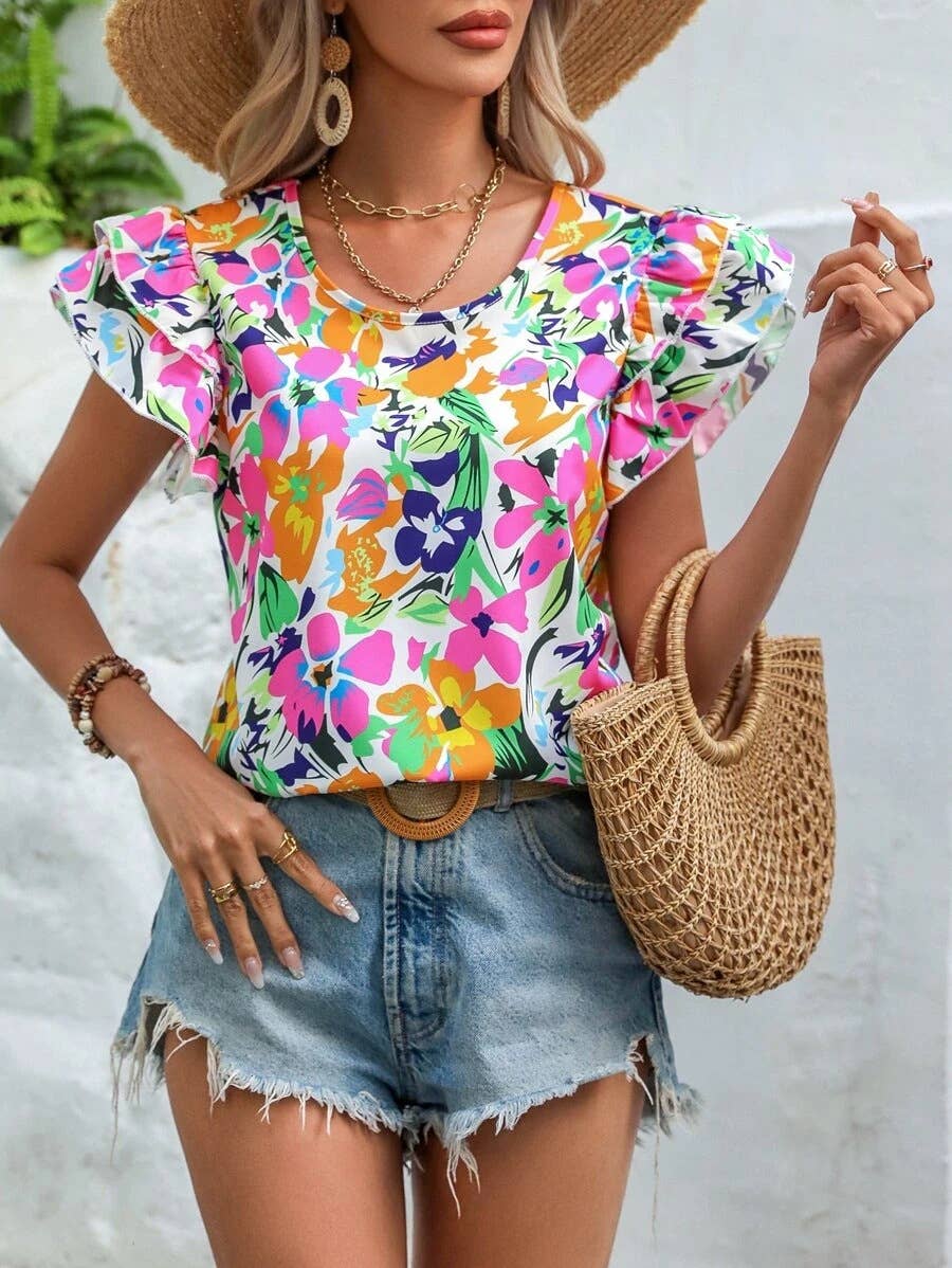 FLORAL DOUBLE-LAYER FLYING SHORT-SLEEVED SHIRT