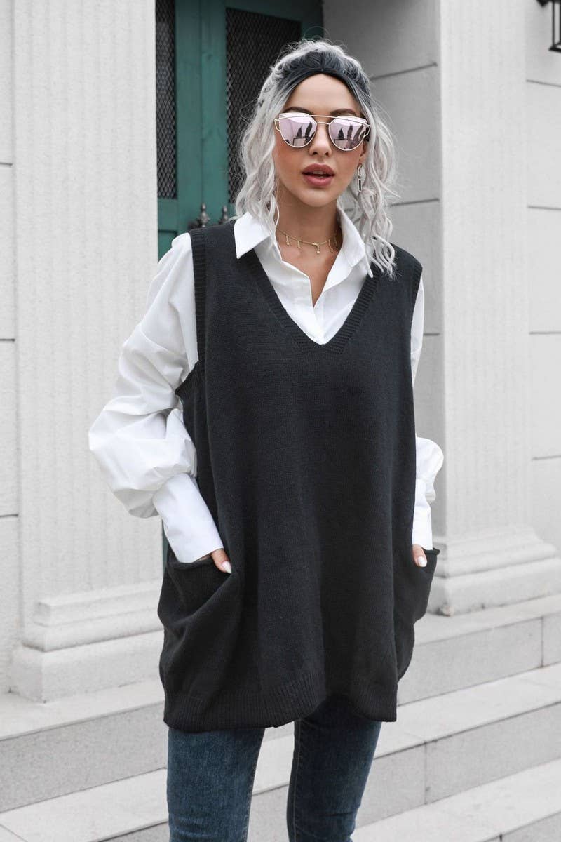 CWOV0691_V-NECK MID-LENGTH VEST LOOSE SWEATER VEST