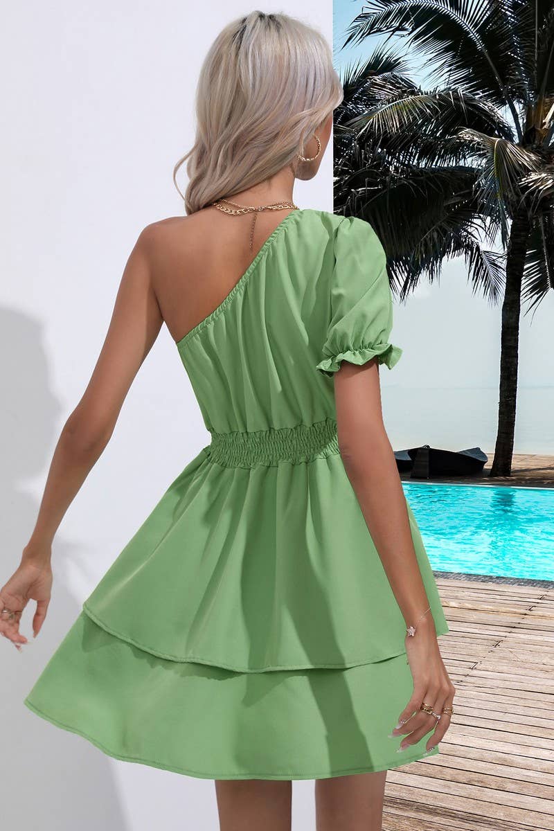 CWDSD2923_One Shoulder Short Sleeve Dresses