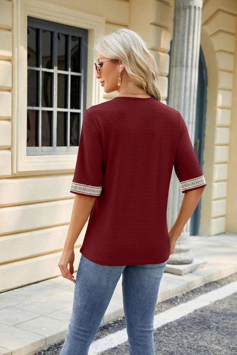 CWTTS0819_V-Neck Lace Trim Short Sleeve Knit Top