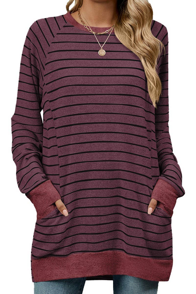 CWTBLL1217_STRIPED CONTRAST POCKET MID-LENGTH SWEATSHIRT