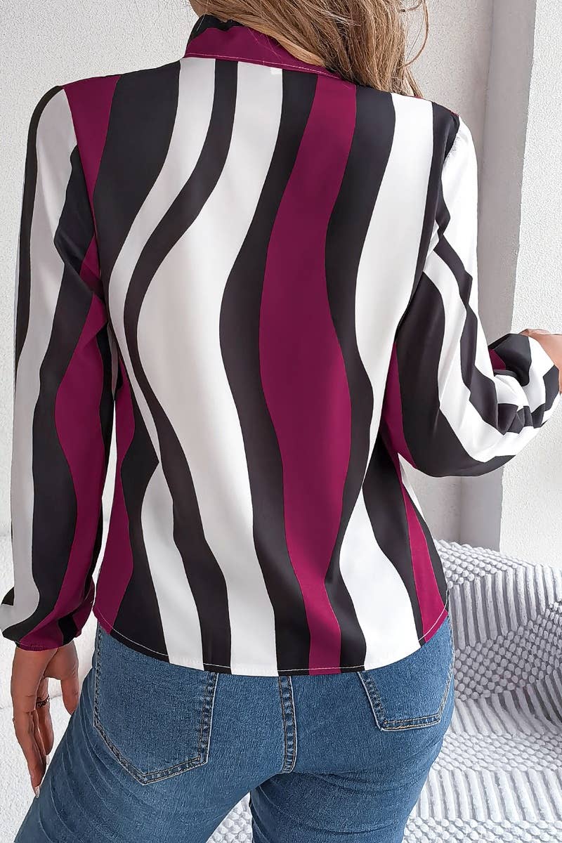 CWTSTL1207_LONG SLEEVE STRIPED LACE-UP CHIFFON SHIRT TOP