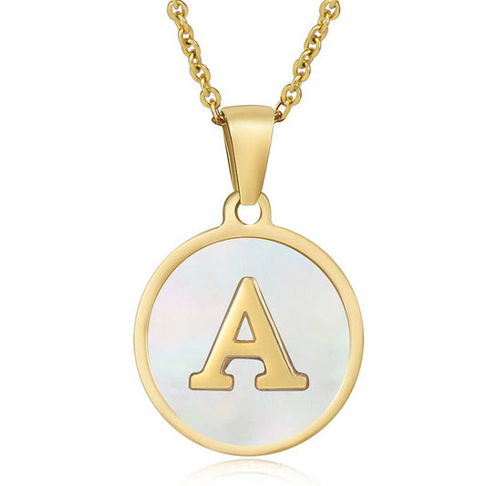 CWAJE1934_Round Stainless Steel White Shell Letter Necklace