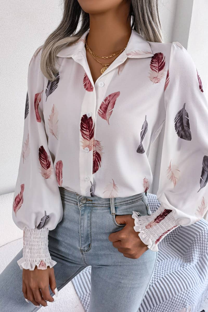 CWTSTL1206_SUMMER CASUAL FEATHER PRINT LONG-SLEEVED SHIRT