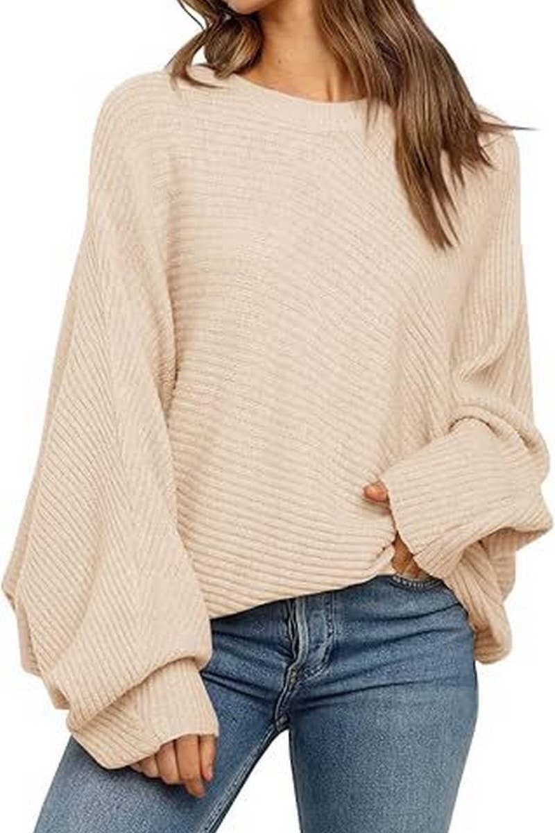 CWOSWL6384_ROUND NECK SOLID COLOR BAT LONG SLEEVE SWEATER