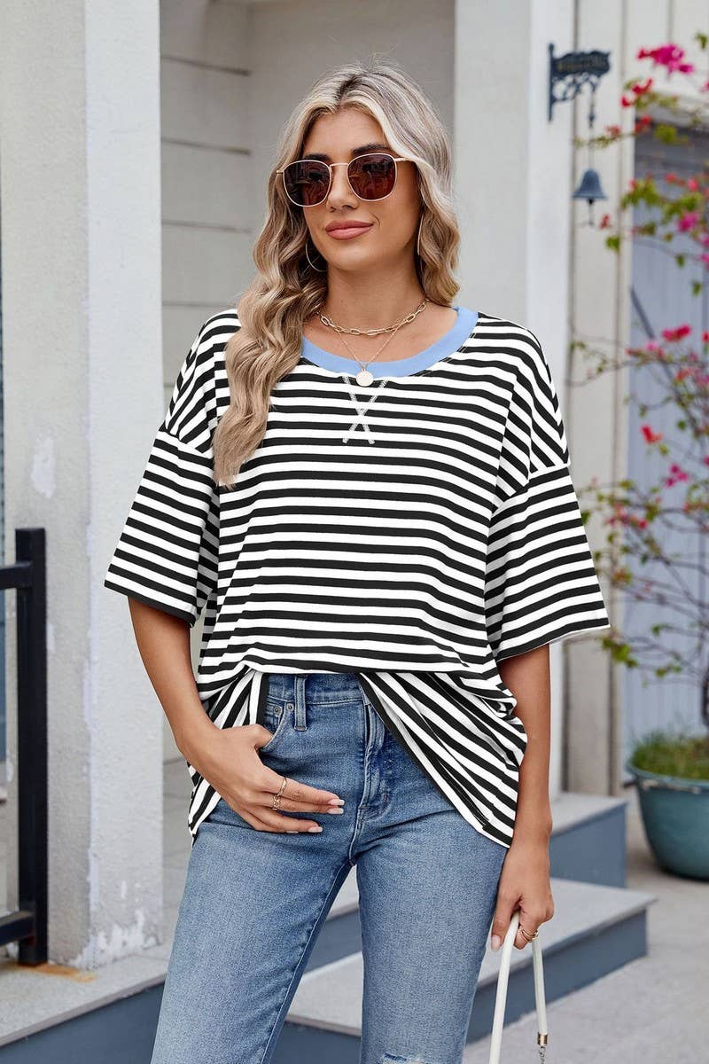 CWTBLS1736_STRIPED CONTRAST LOOSE SHORT-SLEEVED T-SHIRT TOP