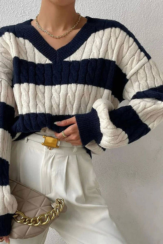 CWOSWL5806_V-NECK BRAIDED STRIPED CONTRAST SWEATER