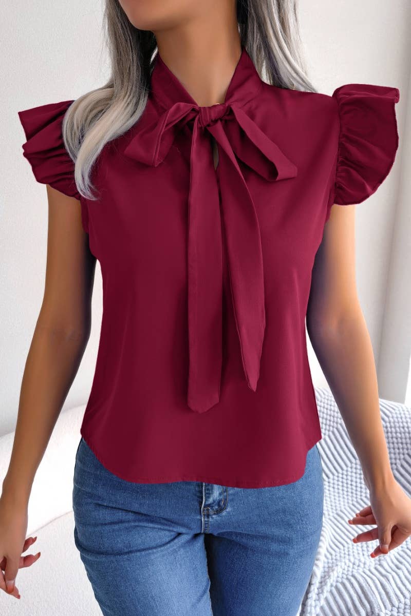 CWTDSSL0013_COMMUTER CHIFFON SHIRT WITH BOW TRIM WOODEN EARS