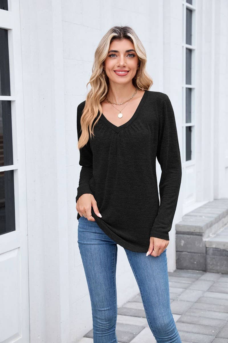 CWTBLL01303_V NECK RUCHED LONG SLEEVE CASUAL LOOSE TEE