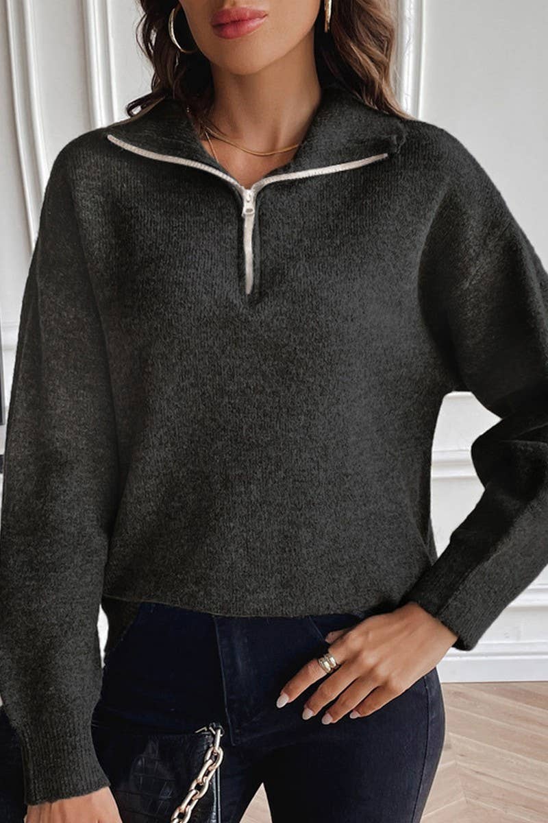 CWOSWL2693_SOLID COLOR LAPEL ZIPPER LONG SLEEVE KNIT TOP