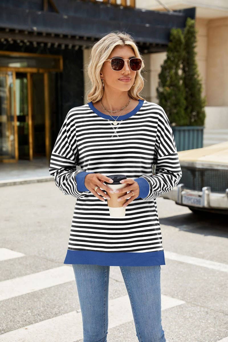 CWTBLL1198_CONTRAST COLOR ROUND NECK STRIPED SWEATSHIRT