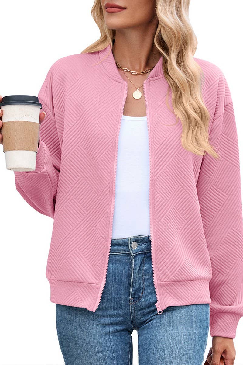 CWOCO00238_SOLID ZIP UP LONG SLEEVE CASUAL BOMBER JACKET