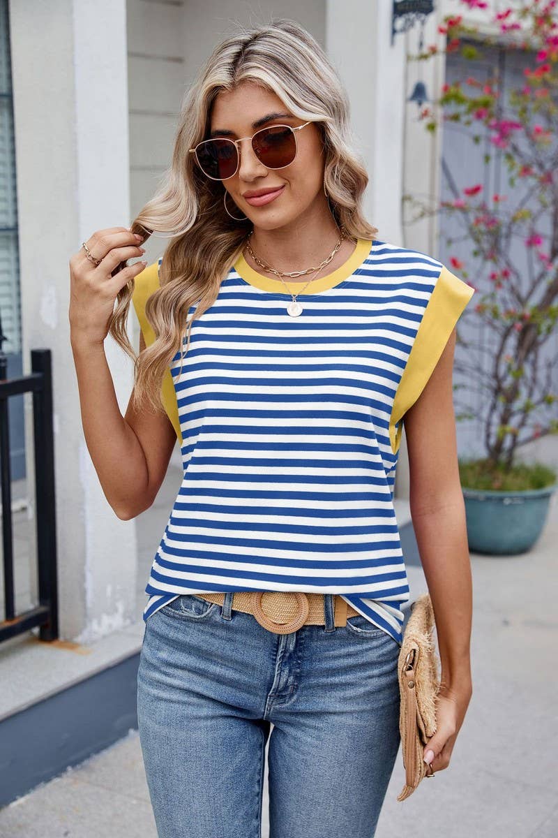 CWTTSL0295_STRIPED CONTRAST PANEL ROUND NECK SLEEVELESS TOP