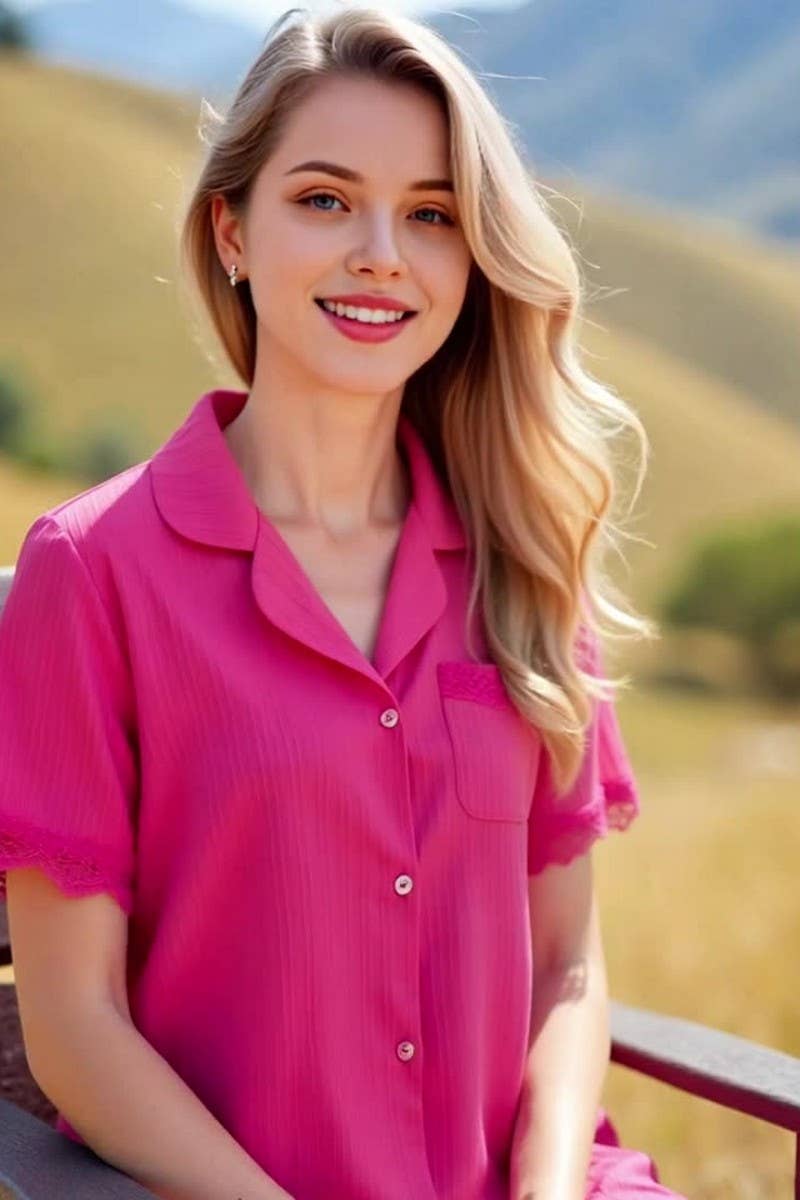 CWSPJ0427_WAVY STRIPE LACE TRIM SHORT SLEEVES PAJAMA SET