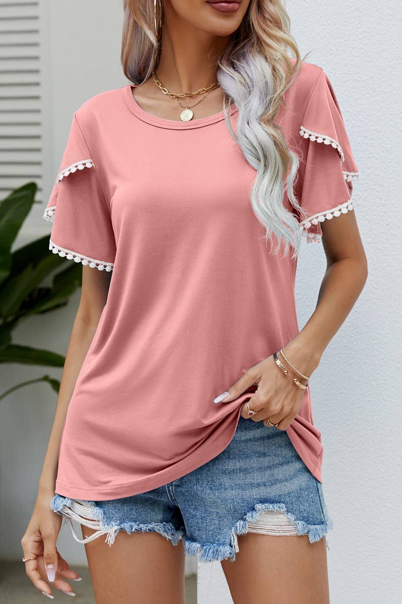 CWTBLS0351_Round neck Lace Trim Detailed Short Sleeve Blouse