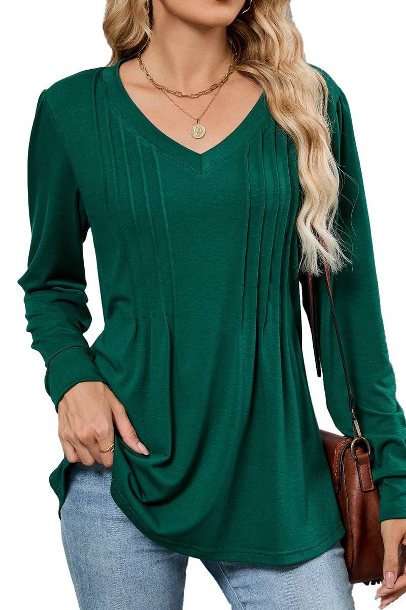 CWTTL00999_SOLID COLOR V-NECK STRIPED LOOSE T-SHIRT