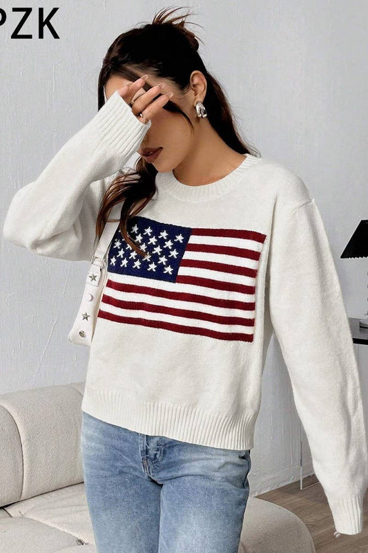 CWOSWL5753_AMERICAN FLAG LOOSE FIT CREWNECK SWEATER
